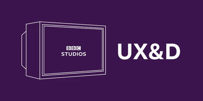 An illustrated, white television with the BBC Studios logo alongside the BBC User Experience & Design logo on a purple background.