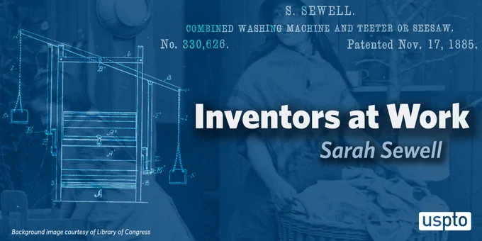 Patent number and drawing for Sarah Sewell's combined washing machine and teeter totter with a photo of children doing the washing in the background