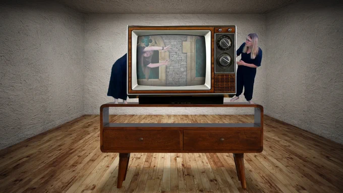Pigeon Theatre: Finding themselves miniaturised on the television console, the protagonists decide to attempt to get inside the TV, and succeed.