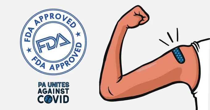 FDA approved stamp. Illustrated flexing arm with a blue bandaid.