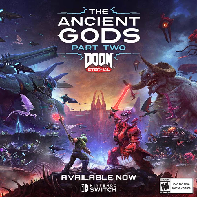 DOOM Eternal: The Ancient Gods - Part Two is available now on Nintendo Switch. This illustrated box art depicts an epic battle between the DOOM Slayer and the Dark Lord lunging towards one another in the foreground with their respective armies of sentinels on the Slayer's side and demons on the Dark Lord's side.
