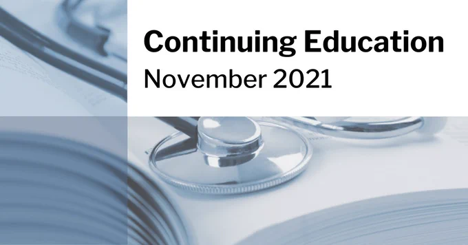 Continuing Education month and year text overlaid on image of book with stethoscope