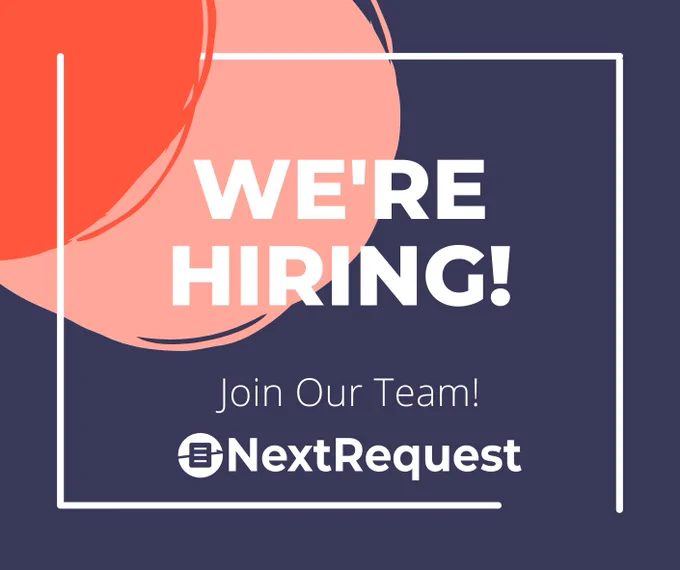 An image with dark blue background and orange and pink circles in the upper left corner. White text says: We're hiring! Join our team! NextRequest