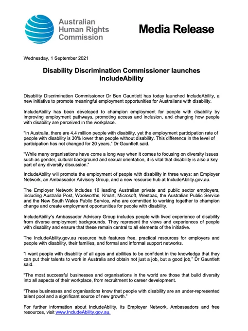 Media release: Disability Discrimination Commissioner Dr Ben Gauntlett launches IncludeAbility employment initiative. The full text can be read at the link attached to this tweet.