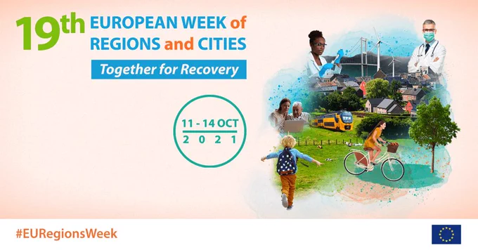 Kuvassa teksti "19th european week of regions and cities, together for recovery", Euroopan Unionin logo