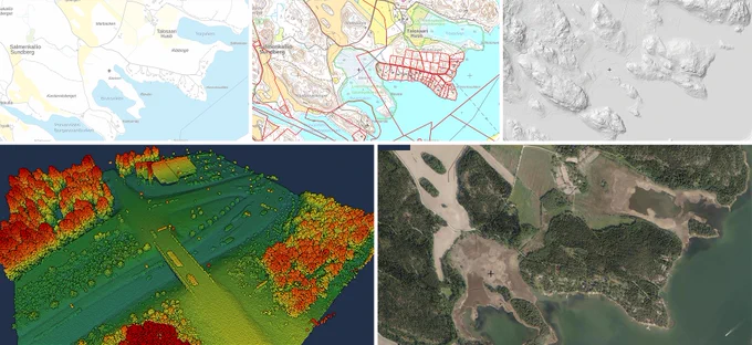 NLS data products: background map, topographic map and cadastral index map, hillsade, laser scanning data and aerial photograph.