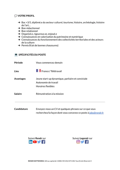 Job offer : tourisme histoire archéologie histoire de l'art