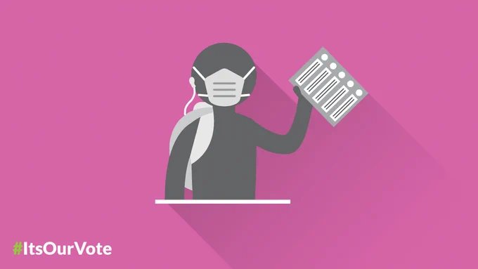 Pictogram showing a person wearing a mask, earphones and a backpack and holding a ballot in his right hand, on a bright colour background. In the bottom left corner, Elections Canada’s logo features a colorful X with the slogan “It’s our vote”.