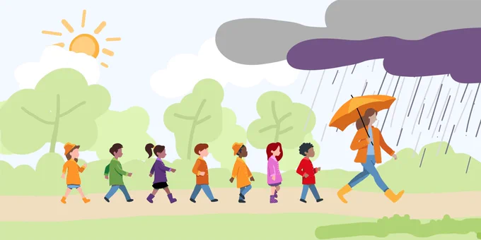 An illustration of a teacher, with an umbrella while she's rained on, leading students, the sun shining on the students
