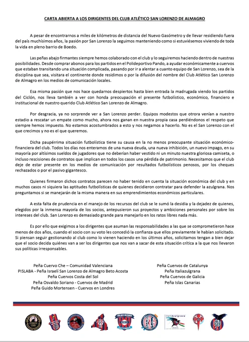 "Este no es el San Lorenzo que queremos."

Carta abierta de @cuervosvalencia @CuervosCataluna @Cuervosdemadrid @CuervosMalaga @CuervosGalicia @AzulgranaItali @pislaba @caslacanarias @CASLAenLondres