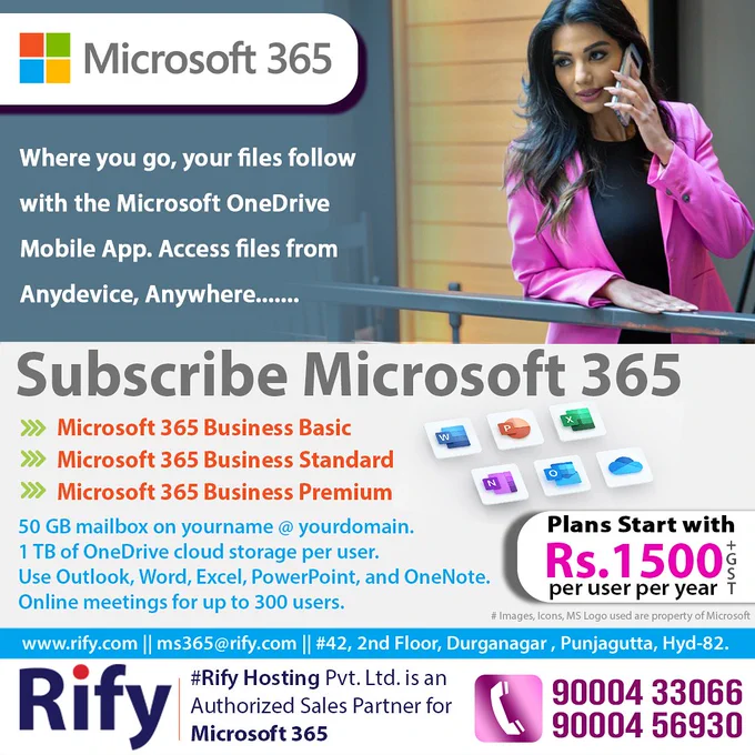 Empower your team to be productive every day, from virtually anywhere, with Microsoft 365 - Subscribe Now.
#Microsoft365 #OneDrive #MicrosoftExcel #MicrosoftPowerPoint #MicrosoftTeams  #PowerPoint, #Excel, #Word #Microsoft #Outlook #MicrosoftOutlook #RifyHosting #MicrosoftPartner #MicrosoftPartnerHyderabad #CloudStorage