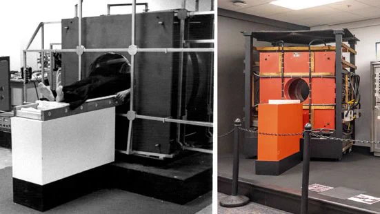 A photo of a man half-inside the first human MRI scanner in 1971 is juxtaposed with a photo of the scanner on display at Beckman Institute.