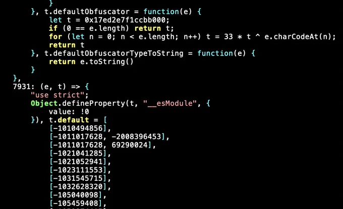 Screenshot of the Github Copilot Visual Studio Code extension, showing an obfuscation (hash) function and the start of a large array of hashes.