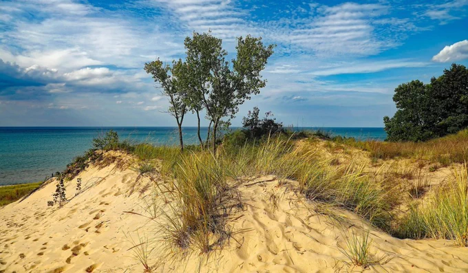 Beverly Shores, Indiana is part of the Indiana Dunes National Park on the shoreline of southern Lake Michigan