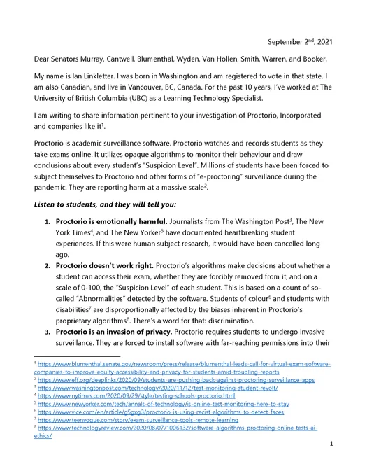 Screenshot of page 1 of a 3 page letter, which can be viewed or downloaded at https://dearsenators.linkletter.org. There are 8 numbered links footnoted at the bottom of the page.