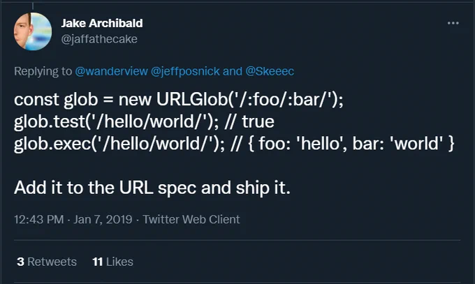 Jake tweeting that we should spec a URL pattern matching primitive.