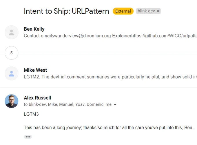 An intent-to-ship email giving the last approval for shipping URLPattern.
