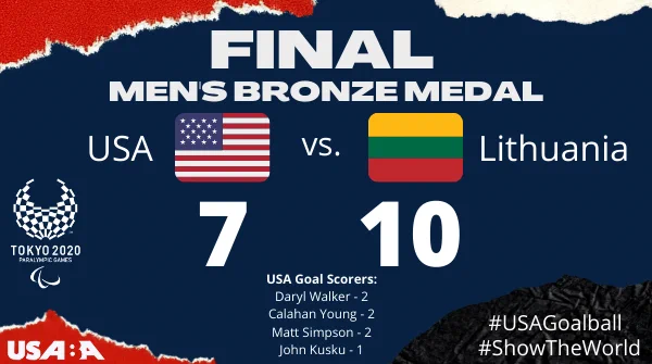 A graphic showing the final score of the men's bronze medal match of Lithuania 10, USA 7, along with USA goal scorers Daryl Walker (2), Calahan Young (2), Matt Simpson (2) and John Kusku (1).