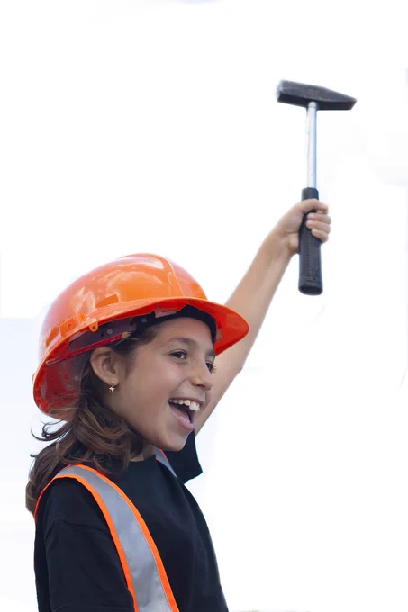 worker, child, hammer