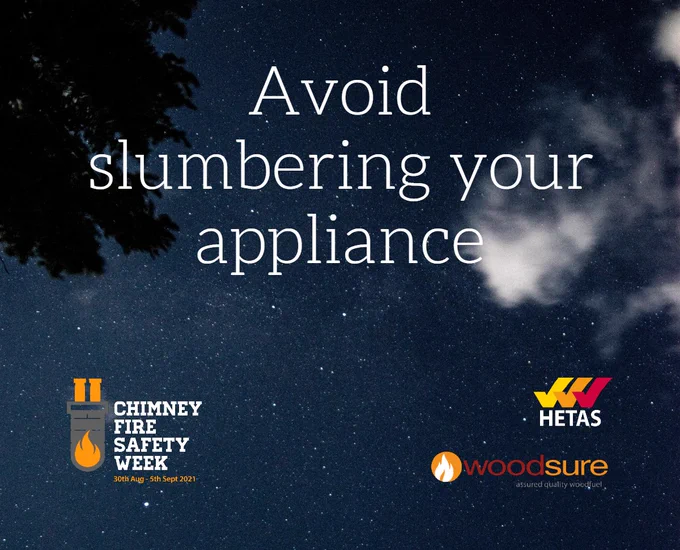 Avoid slumbering your appliance - an image of a clear night sky for Chimney Fire Safety Week with relevant logos