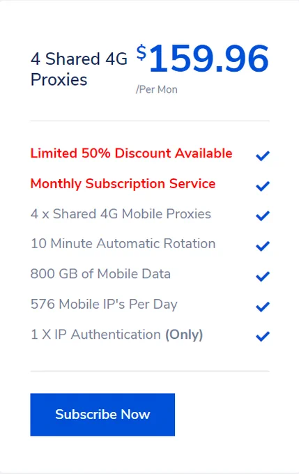 https://4gmobileproxy.com
4 x Shared 4G Mobile Proxies
10 Minute Automatic Rotation
800 GB of Mobile Data
576 Mobile IP's Per Day