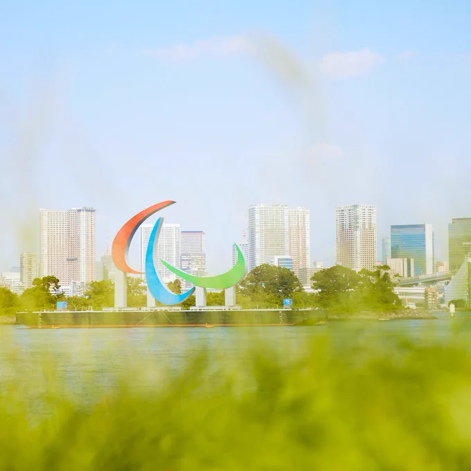 A general view of the Paralympic agitos symbol in Odiaba Marine Park. 