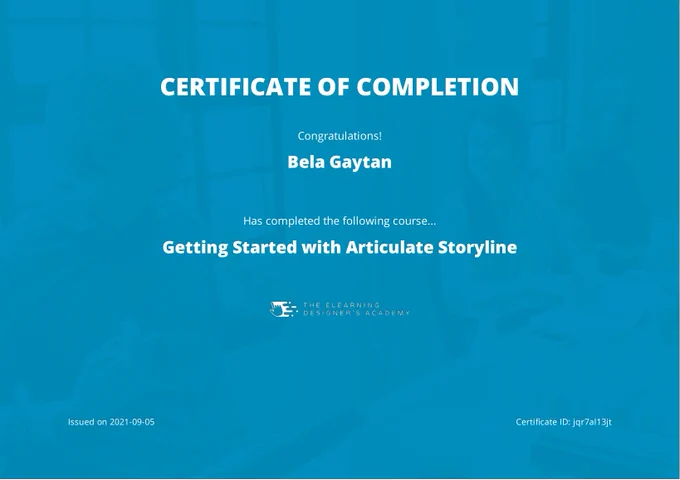 Blue certificate of completion for Getting Started with Storyline