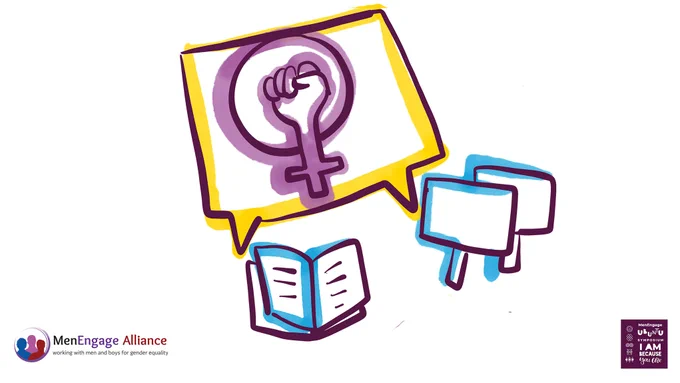 Cartoon-style illustration of a square speech bubble containing a feminist symbol of a clenched fist within the symbol for female. There are illustrations of a book and protest signs below it. Logos in each corner read: 'MenEngage Alliance', and 'MenEngage Ubuntu Symposium I am Because You Are'