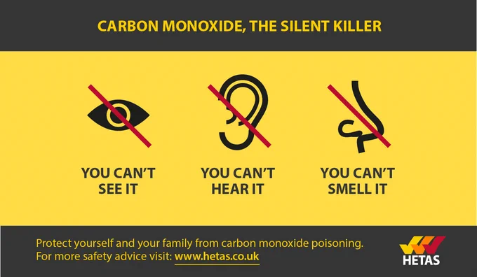 Carbon monoxide, the silent killer. You can't see it, hear it or smell it. Find safety advice at www.hetas.co.uk