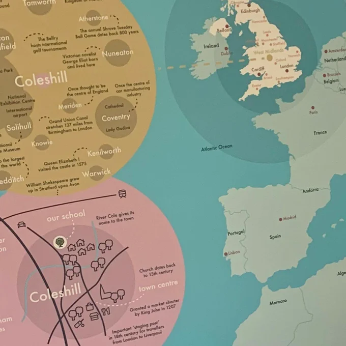 Wall art for High Meadow Community School to create an engaging environment for little learners…

The bespoke map wall art was a fun project to work on. The brief was to show the kids where they were in the world - zooming out from the school, to the West Midlands, to the Untied Kingdom to the whole of Europe. Perfectly placed above the sink to gaze at whilst cleaning up.