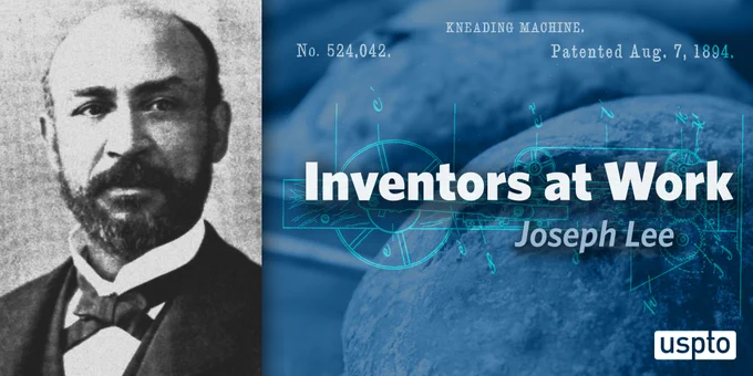 Black and white photo of Lee with his patent number and drawing and with loaves of bread in the background