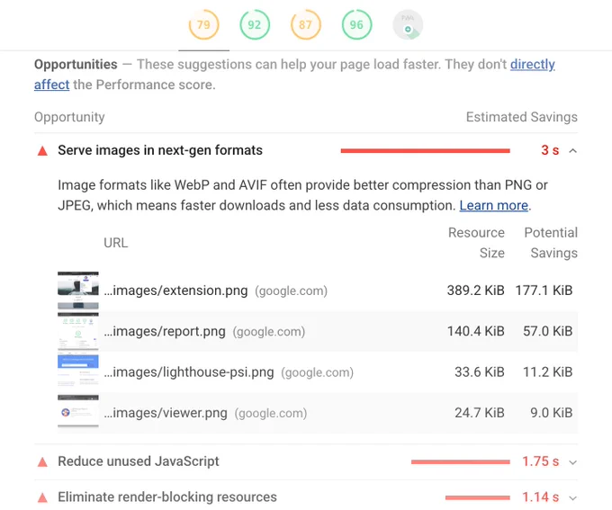 An example Lighthouse report showing potential load-time savings from reencoding images using a next-gen format like AVIF