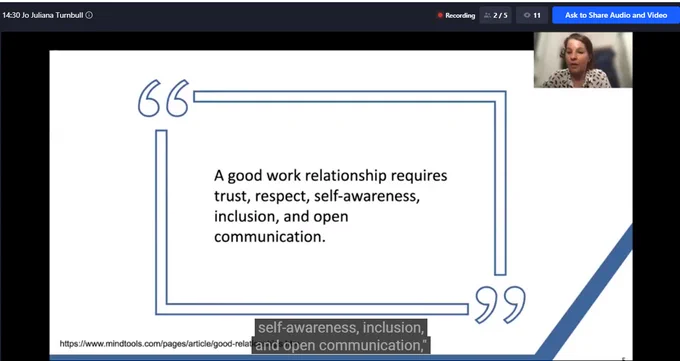 A slide from Jo's Tech Exeter talk displaying the quote "A good work relationship requires trust, respect, self-awareness, inclusion, and open communication".
