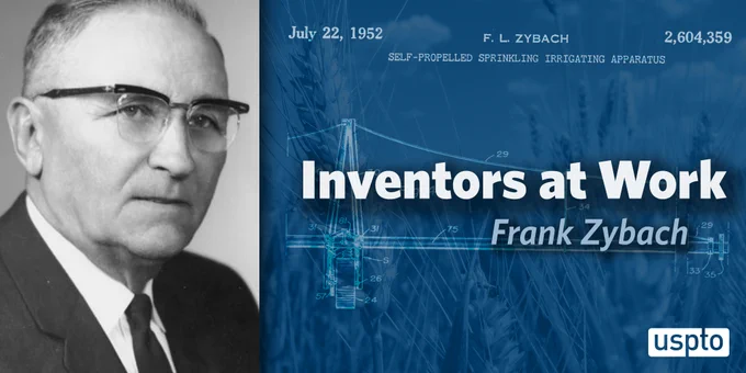Black and white photo of Frank Zybach with the patent drawing of his irrigation system and wheat in the background