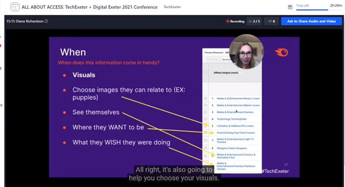 Screenshot of Diana Richardson's talk at Tech Exeter about when google analytics information becomes useful.