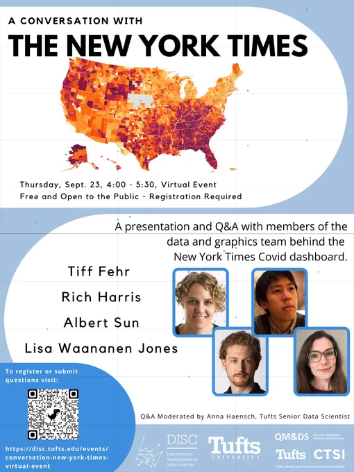 Poster for event: A Conversation with the New York Times.  A Presentation and Q&A with members of the data and graphics team behind the New York Times Covid dashboard.  Includes photos of features guests, Tiff Fehr, Rich Harris, Albert Sun, and Lisa Waananen.  Also includes a heat map of the united states indicating Covid risk levels.