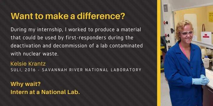 Photo of a woman in a lab with a lab coat and goggles; Text: Want to make a difference? During my internship, I worked to produce a material that could be used by first responders during the deactivation and decommission of a lab contaminated with nuclear waste. Kelsie Krantz, SULI 2016, Savannah River National Laboratory, Why wait? Intern at a national lab.