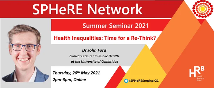 Image including title, date and time of the SPHeRE Network Summer Seminar. An image of Dr John Ford is also included.