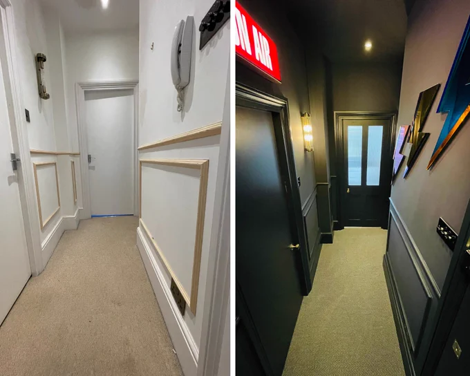 Hallway transformation in Streatham, upgrade from white to black farrow and ball paint and neon lights