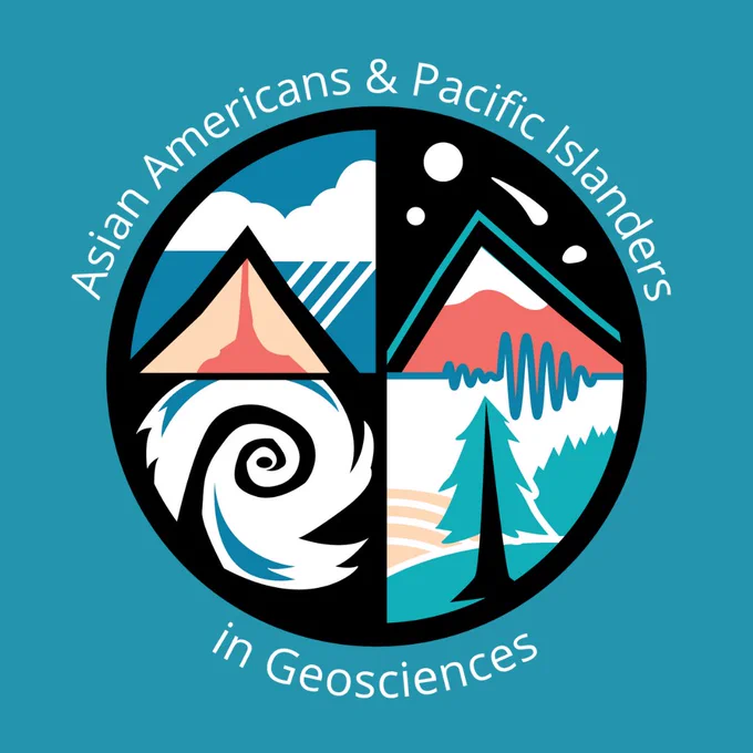 Circular logo with four quadrants containing stylized line drawings. Top Left: Tan volcano with red conduit and magma chamber and white cloud against blue background. Top right: Red mountain with white top, and white drops above mountain against black background. Bottom left: White and blue wave as clockwise swirl pattern against black background. Bottom right: Blue-green tree with orange sun against white background. A teal wiggly seismogram line separates the top and bottom right quadrants.