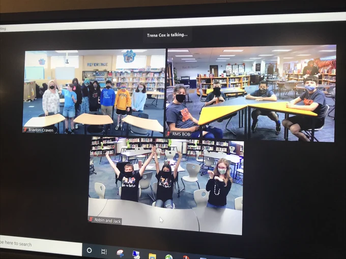 A picture of a Zoom screen with three Battle of the Books teams shown.