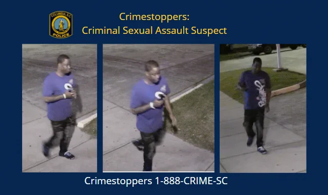 [picture of a sexual assault suspect wearing dark T-shirt and pants. Short hair cut. Described as a young black male]