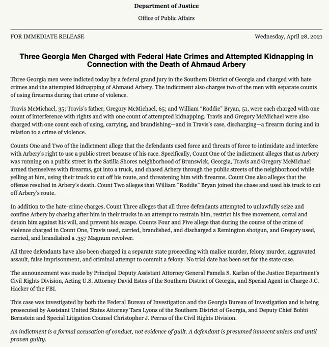 Justice Dept. release on federal hate crime charges in Ahmaud Arbery case.