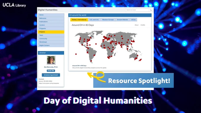Screenshot of digital humanities research guide showing a map of where digital projects are ongoing around the world.