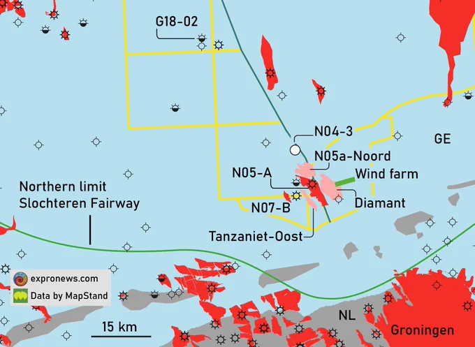 Location map of the N05-A discovery and surrounding prospects. The wind farm is shown in green and the currently drilling N04-3 exploration well is situated just north of the N05-A cluster. The E-W trending green line indicates the northern pinch-out line of the classic Slochteren Upper Permian sandstone fairway. The Rotliegend sandstones found in the area around N05-A are slightly older, thinner (25-40 m) and have a more patchy distribution.