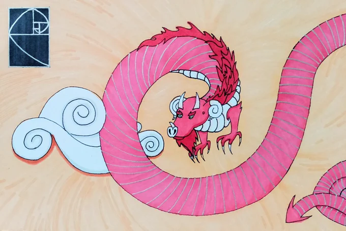 Red dragon with silver stripes flying in an orange sky