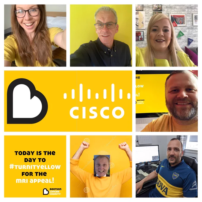 Cisco Scotland Team Members all wearing yellow, in support of the Beatson Cancer Charity Turn It Yellow for the MRI Appeal.