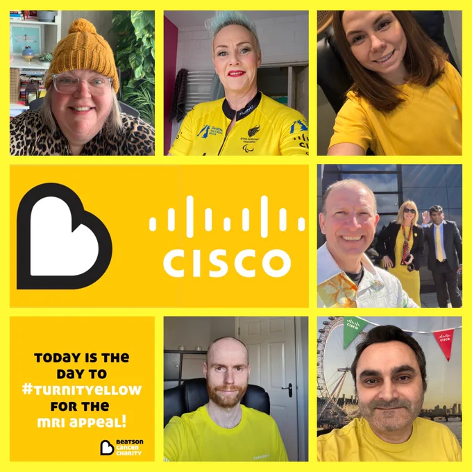 Cisco Scotland Team Members all wearing yellow, in support of the Beatson Cancer Charity Turn It Yellow for the MRI Appeal.