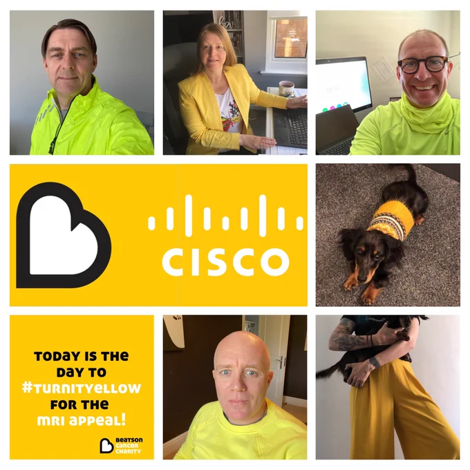 Cisco Scotland Team Members all wearing yellow, in support of the Beatson Cancer Charity Turn It Yellow for the MRI Appeal.
