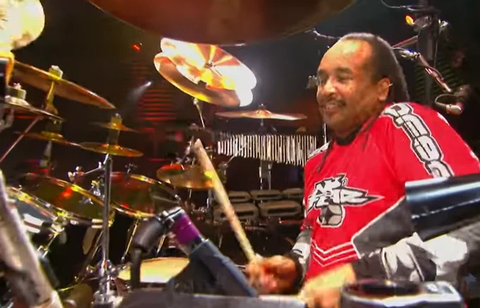 Carter Beauford on drums during a Dave Matthews Band concert in Central Park